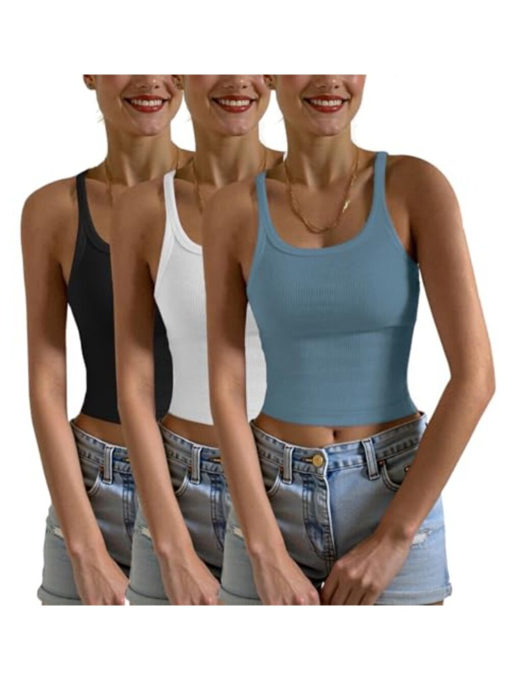 Womens Ribbed Crop Tank Tops Sleeveless Scoop Neck Slim Fit Summer 3 Pack